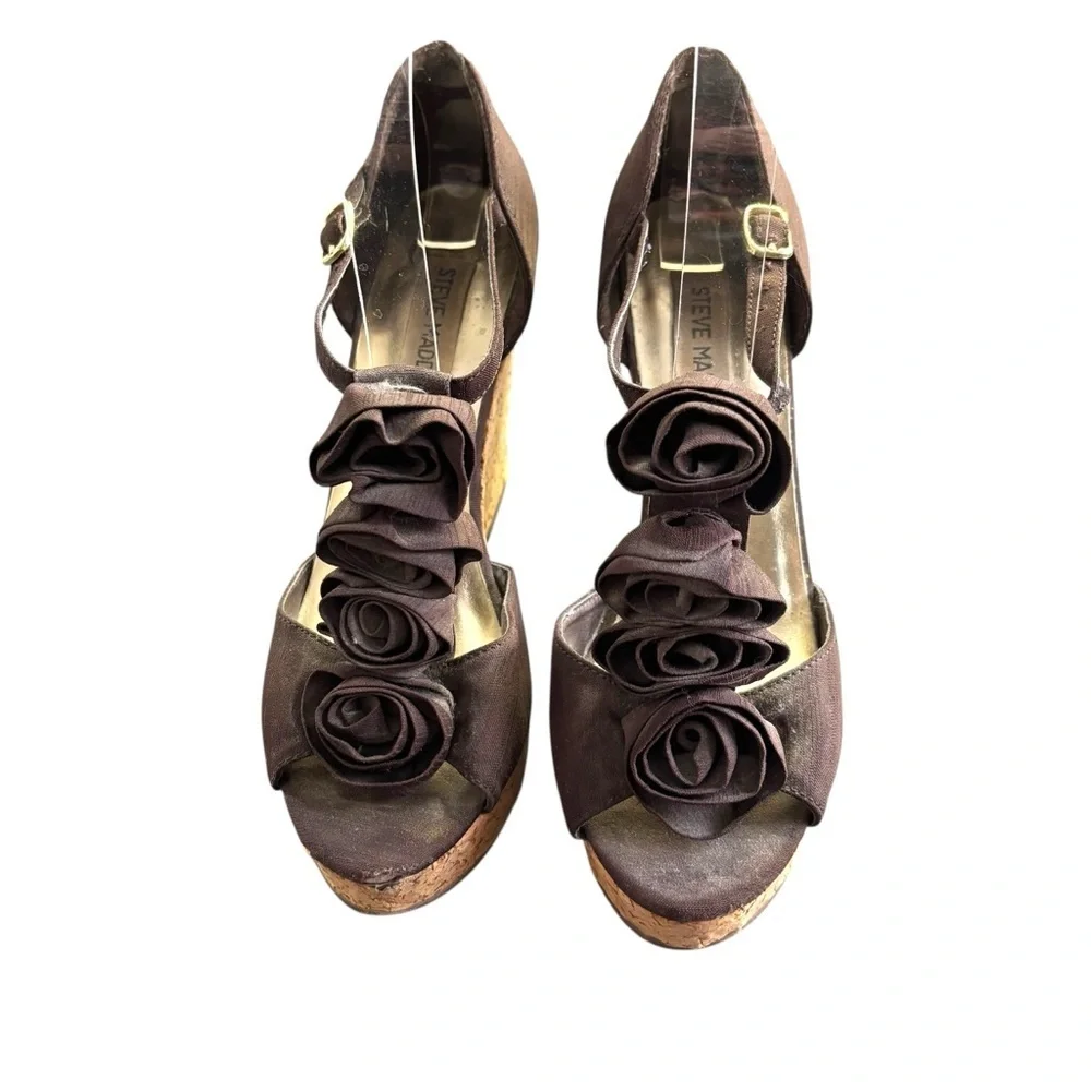 Steve Madden Brown Satin Rosette Cork Wedge Sandals Women’s Size 6